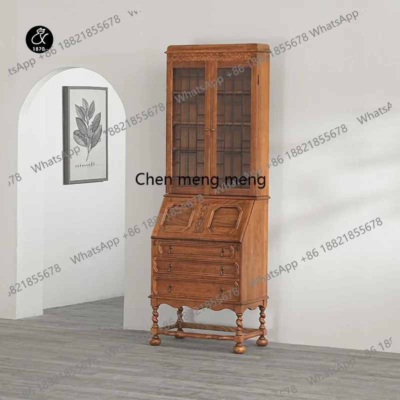 

European retro solid wood glass locker multi-functional American country dining side wine cabinet
