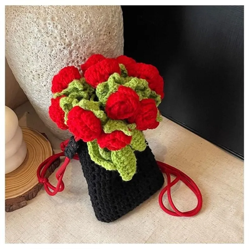 

Elegant Knit Flower Purse Women Color Block Small Capacity Woven Shoulder Bag Ladies Everyday Casual Harajuku Crossbody Bag 2025