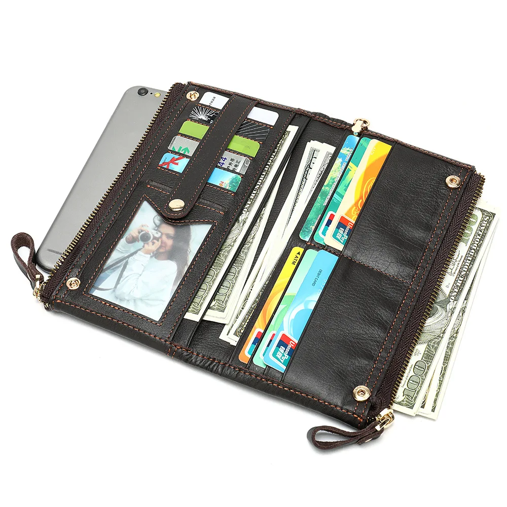 Men's Large Capacity Leather Wallet - Genuine Cowhide Long Purse with Multiple Card Slots, Vintage Business Clutch Bag