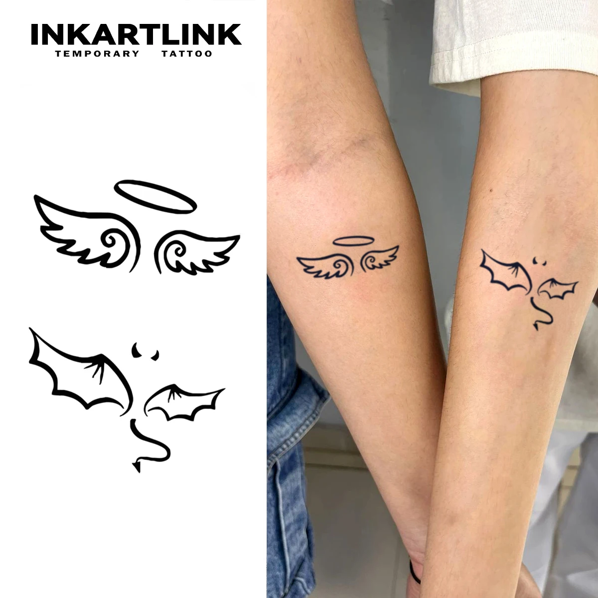 

INKARTLINK Angel Devil Tattoo Patch Set 1-2 Weeks Long lasting Black and White Wings Symmetrical Design
