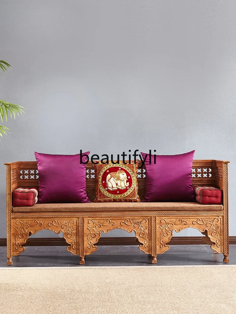 

White wax wood carving simple living room couch, Thai massage shop tea room three-person sofa