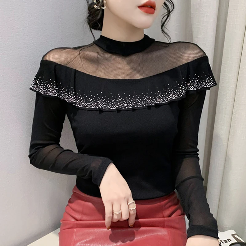 Primavera otoño mujer camiseta Patchwork malla diamante camisa cuello redondo moda coreana manga larga volantes Casual Tops