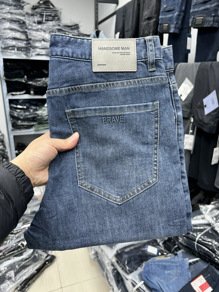 

Blue Denim Jeans Men's Casual Waed Fabric Elastic Busin Casual Spring Long Pants mid Waist Straight Leg Zipper Fly