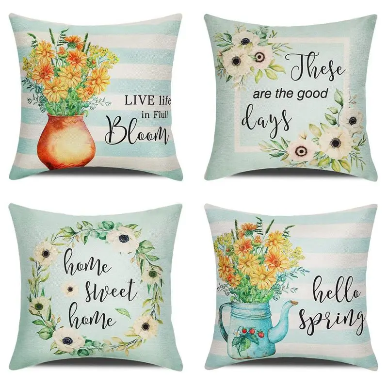 J1UL1N Spring Pillow Covers 18X18 Set Of 4, Spring Decorations Flower Farmhouse Throw Pillow Covers, Home Couch Decor