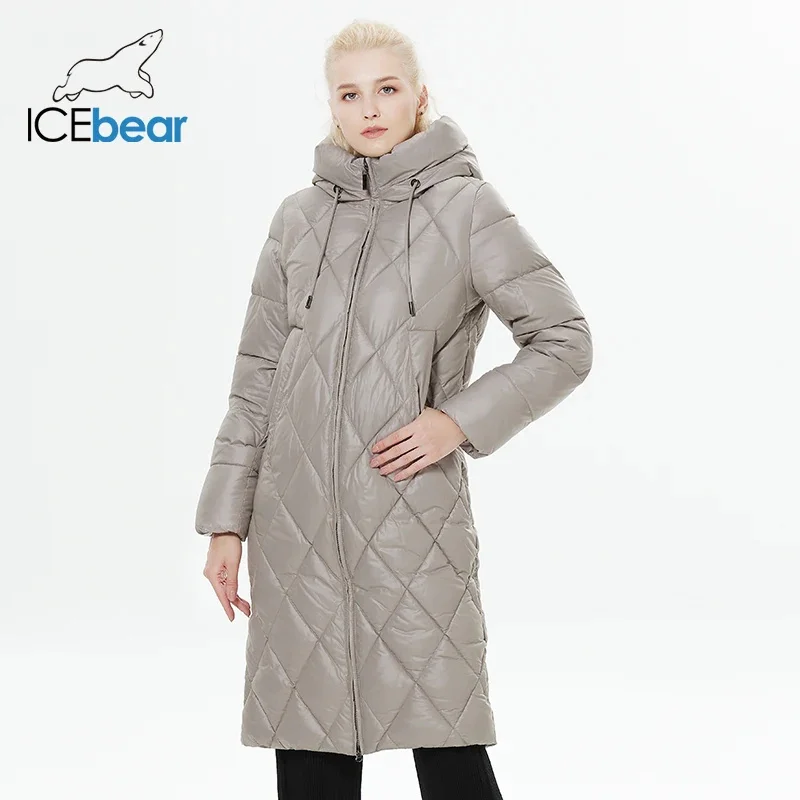 ICEbear-jaqueta acolchoada de diamante espessa para mulheres, estilo alongado, parka acolchoada, casaco de algodão quente, inverno, GWD22631D, 2023