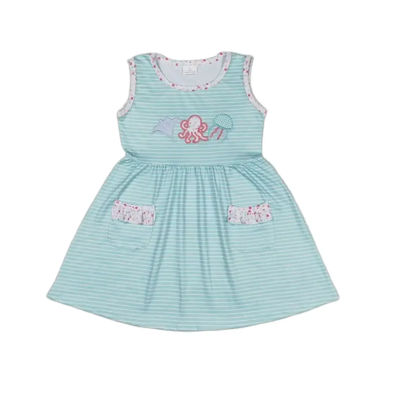 

GSD0963 Kids Girls Dresses Sleeves Top Embroidery Octopus Jellyfish Print With Dress Children Clothes