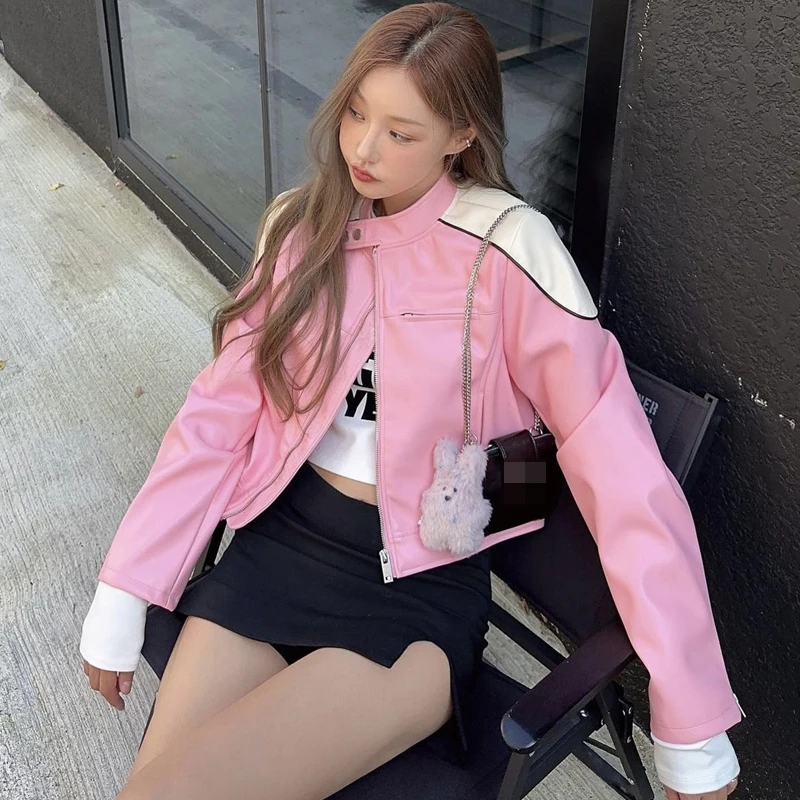 Pink Leather Jacket Bomber Woman Varsity Long Sleeves Bombers American Vintage Motorcycle Jackets new short Coats 2024