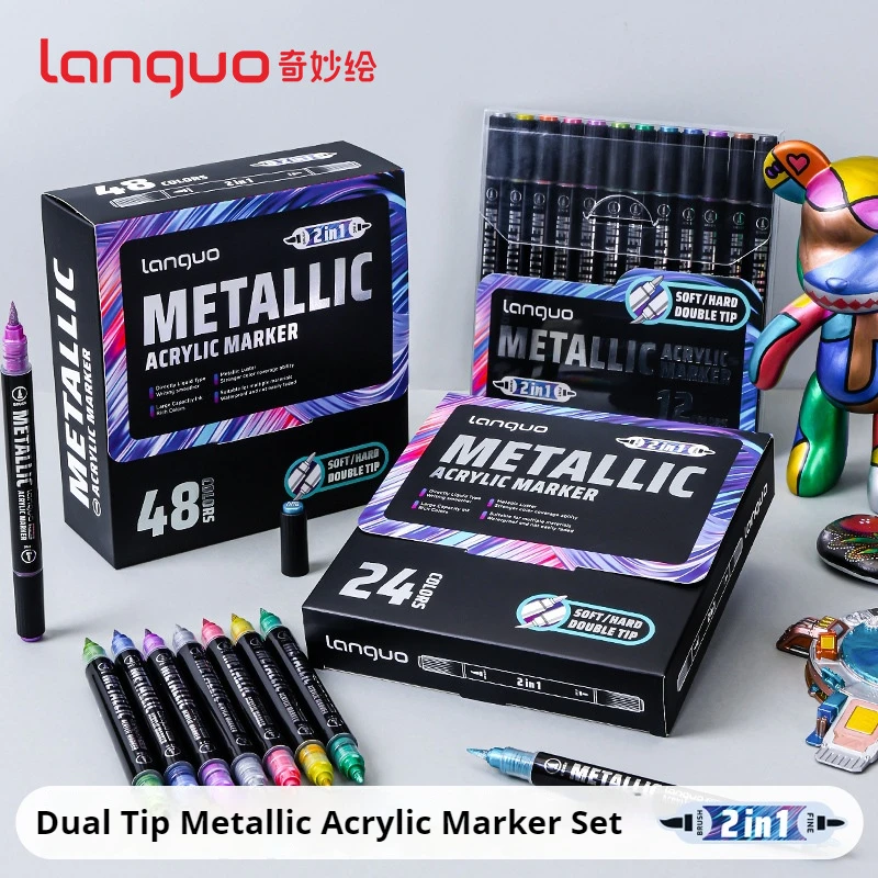 

Languo 12/24/48Colors Dual Tip Metallic Acrylic Marker Pen Set Glitter Effect Brush Marker Paint Pens Art School Office Supplies