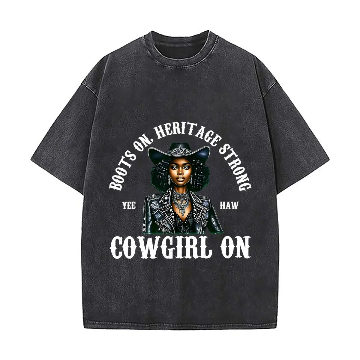 Boots On Heritage Strong Cowgirl Distressed Vintage Oversized Streetwear Tops for Coffee Dates