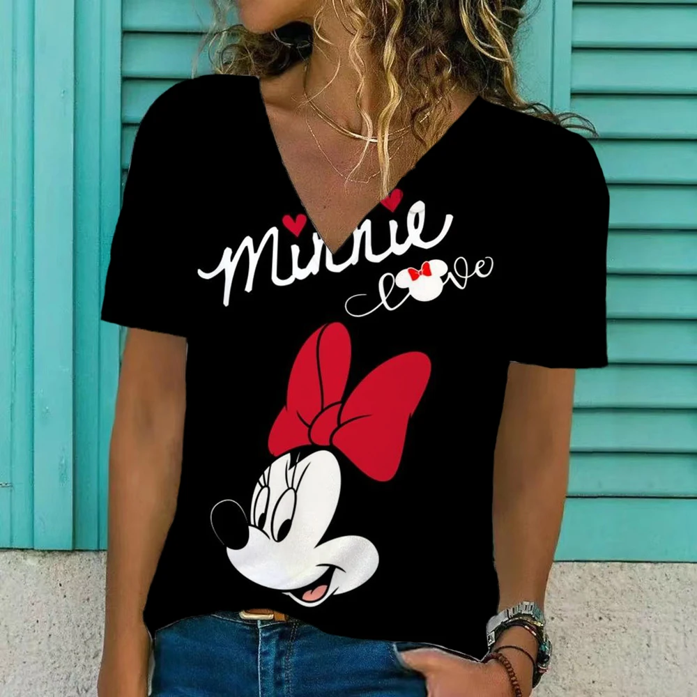 Women Disney Mickey Mouse Minnie 3D Print T-Shirt Loose Short Sleeve T-Shirt Top Fashion Ladies Boho V-neck 3D T-shirt S-XXXL