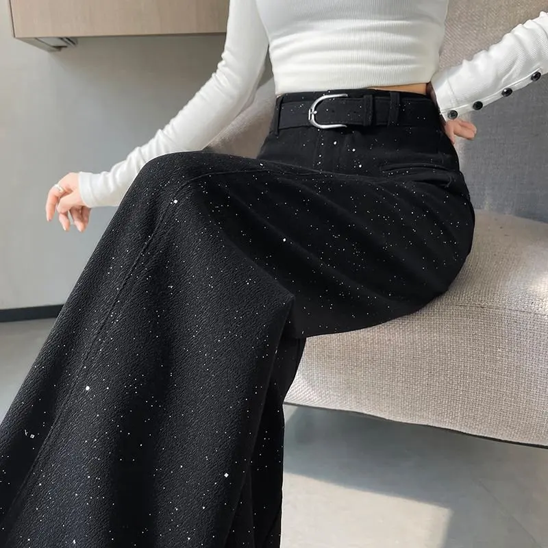 2026 Autumn Winter New Fleece Lined High Waist Slim Wide Leg Banana Pants Casual Pants Sequin Scimitar Suit Pants for Women
