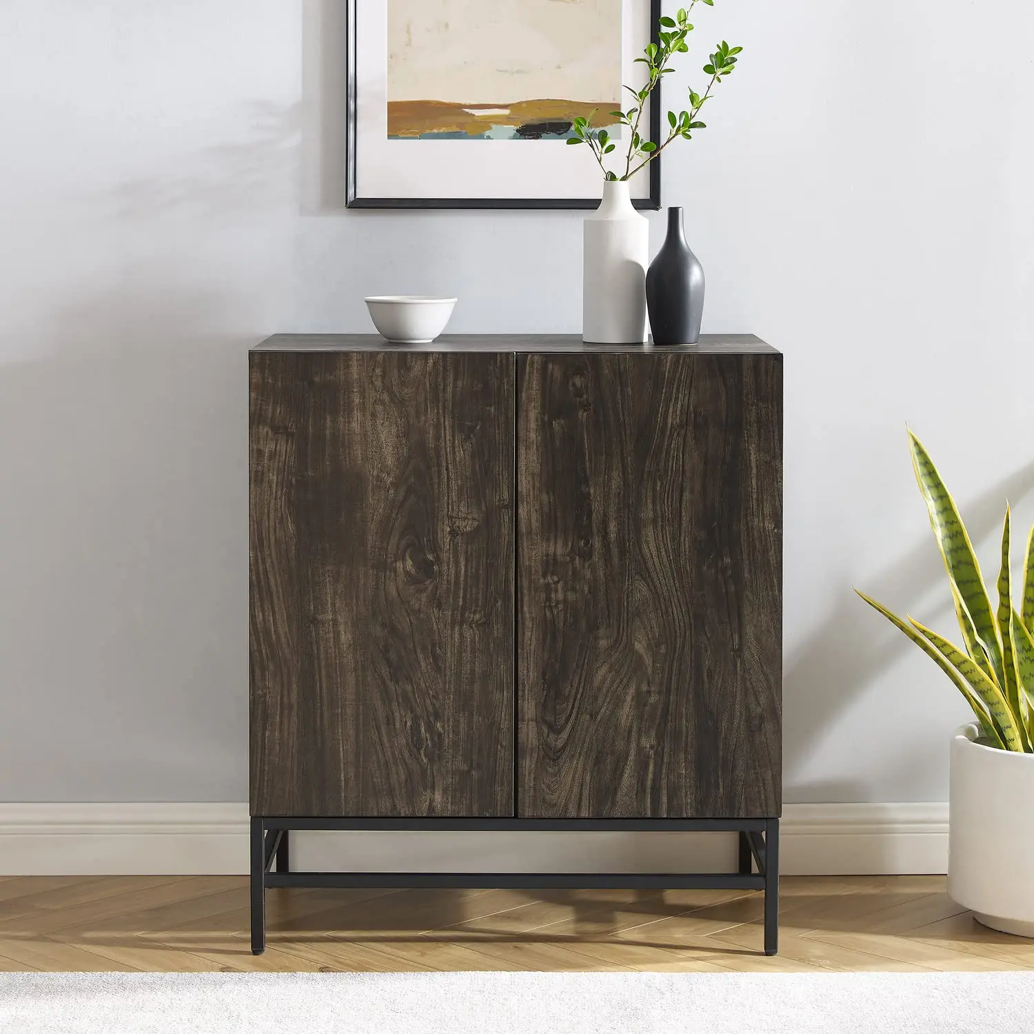 Modern Bar Cabinet with Wine Rack - Wood & Metal Rectangular Home Bar - Adjustable Shelves - 31.5