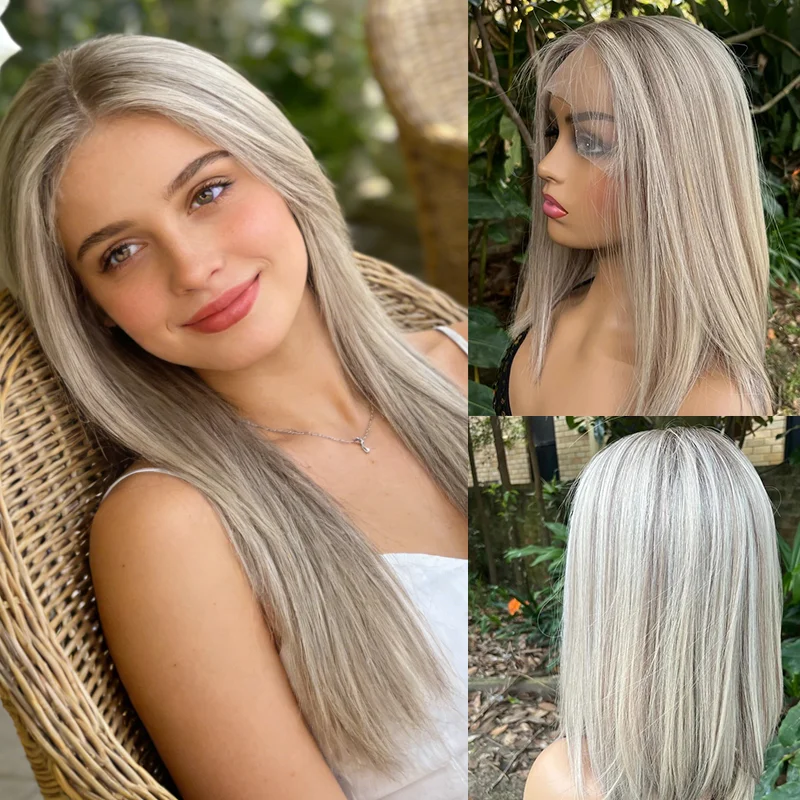 

Ombre Ash Blonde Straight Synthetic Wigs with Roots Cosplay Wig for Women High Temperature Natural Fake Hair Glueless Blond Wig