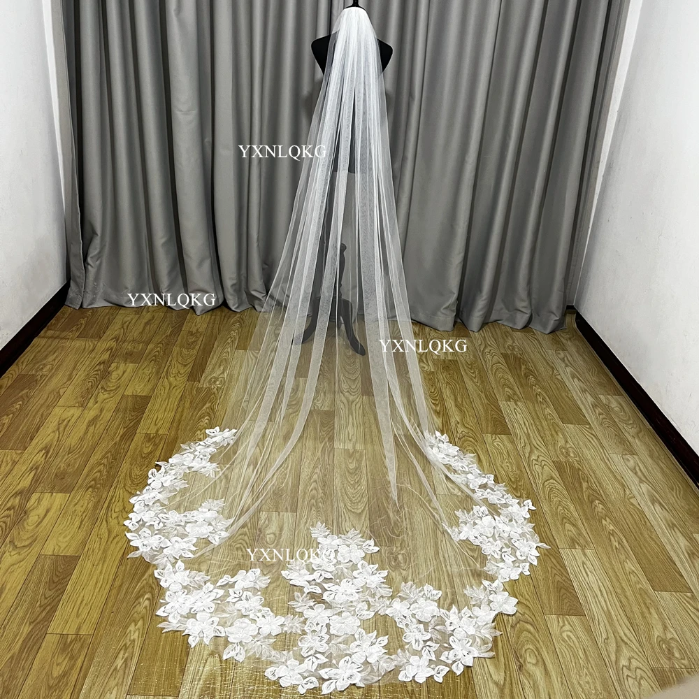 Scallop Beautiful Flower Lace Wedding Veil 3 Meters  Soft Tulle Cathedral Ivory Bridal Veil with Comb Wedding Accessories