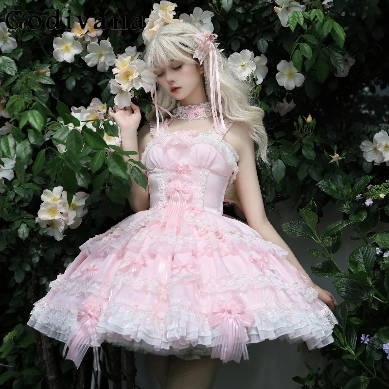 

Pink Sweet Princess Style Suspender Dress JSK Summer New Japanese Woman's Cute Bow Lace Lolita Dress Set Sweet Girls Inner Shirt