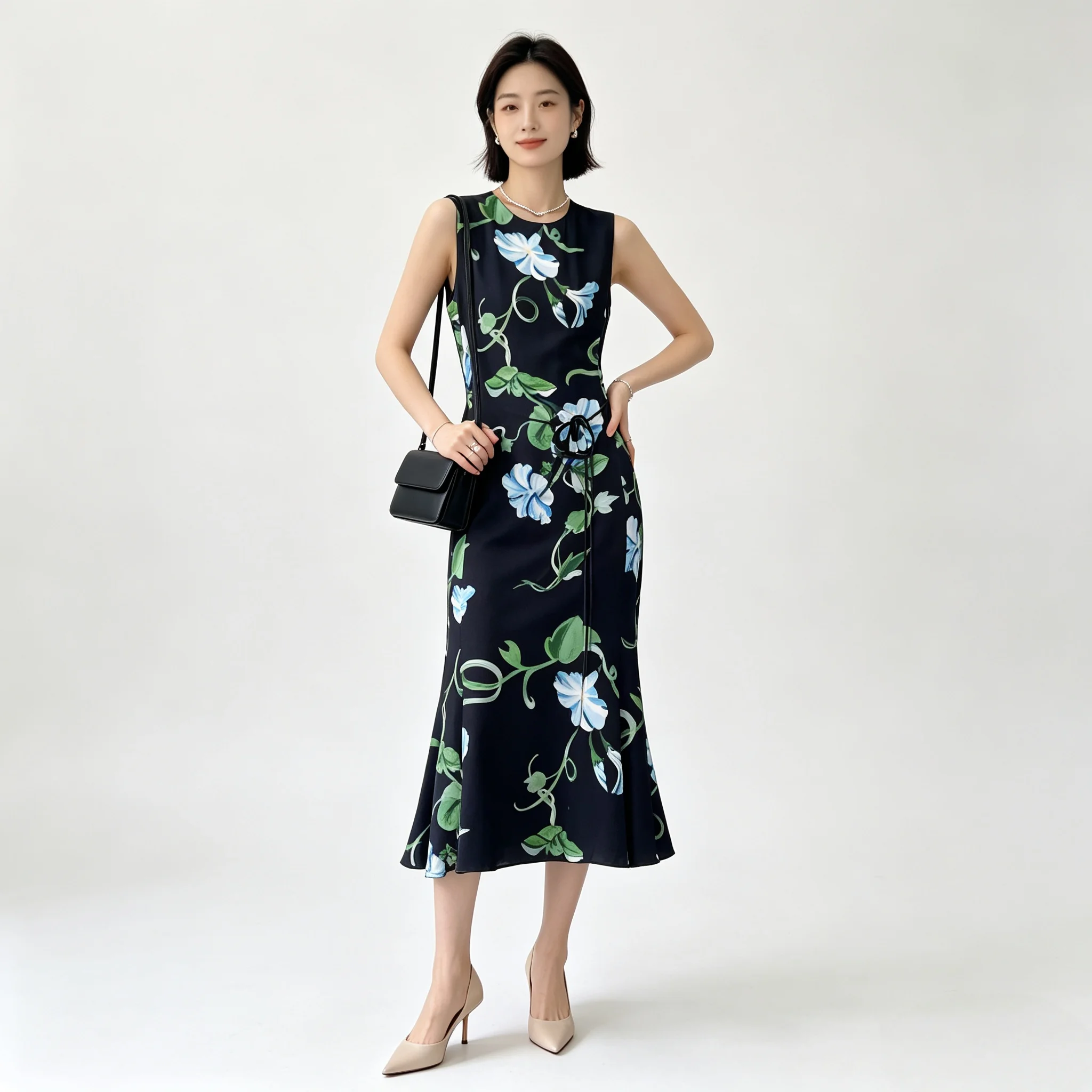 Women Vintage Ink Floral Tie Waist Dress