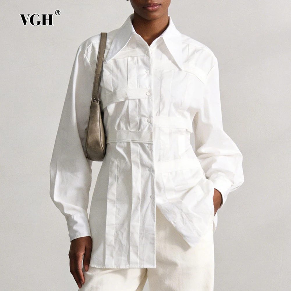 

VGH Solid Slimming Casual Blouses For Women Lapel Long Sleeve Spliced Button Spring Design Sense Commute Shirts Female Fashion
