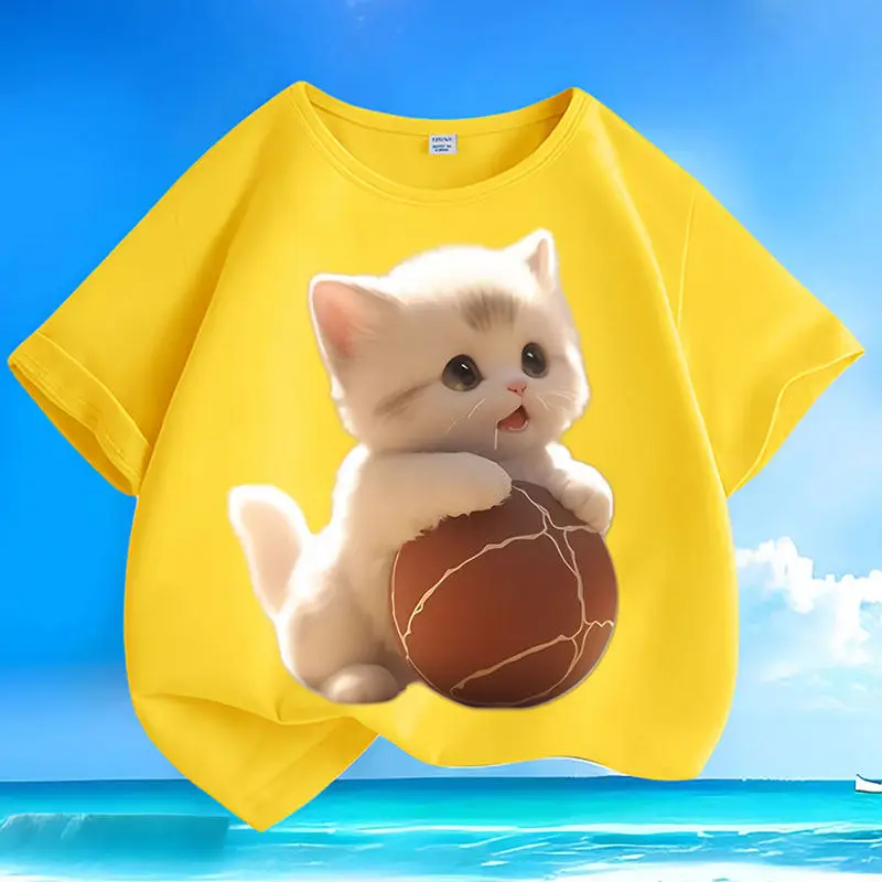 Cute Cat Summer Cartoon New Boys and Girls Children's Short Sleeved Cotton Round Neck Loose and Versatile Parent Child Top