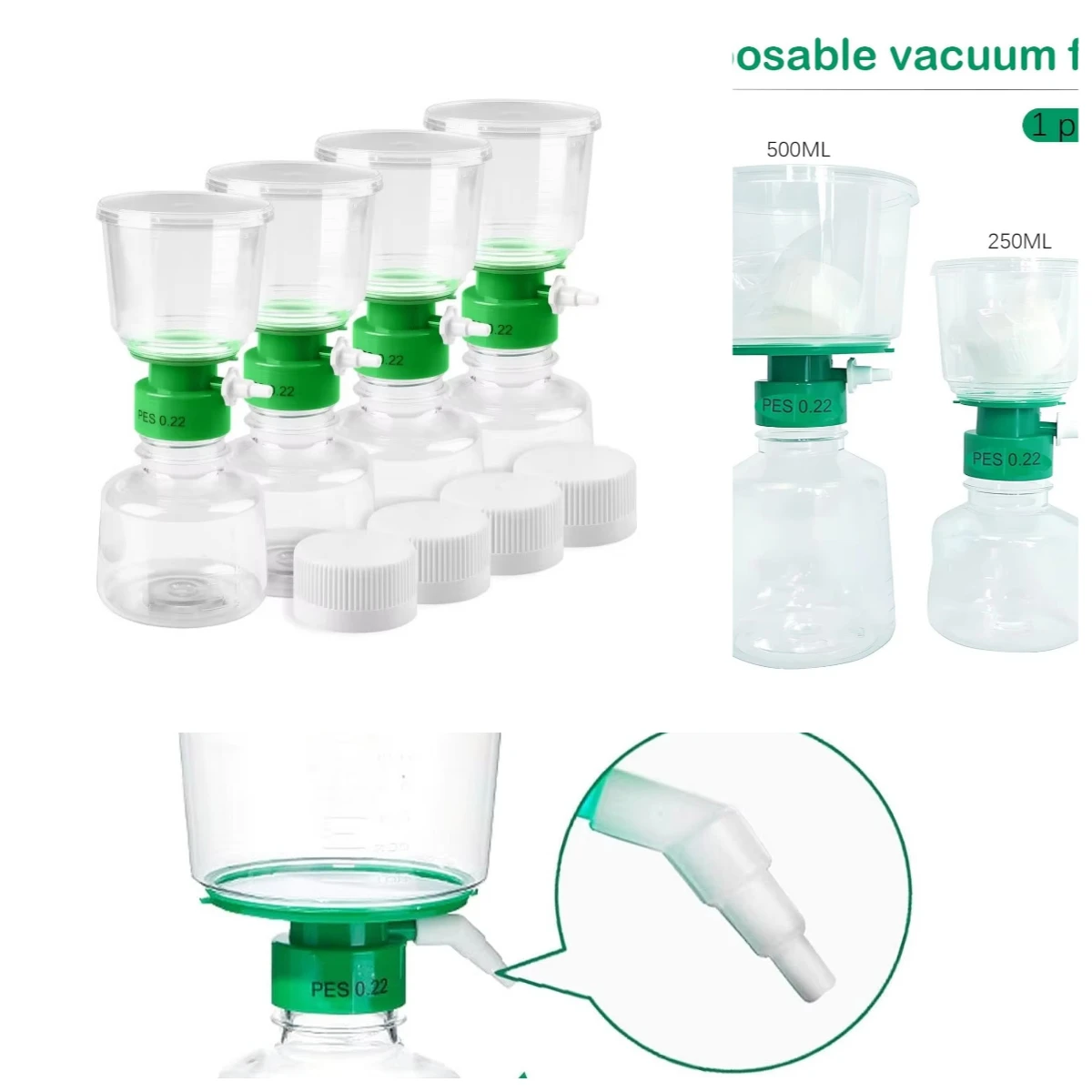 Sterile Vacuum Filter Units 250/500/1000ml with 0.22um/0.45um PES Membrane Lab Filtration System Apparatus PVDF Bottle