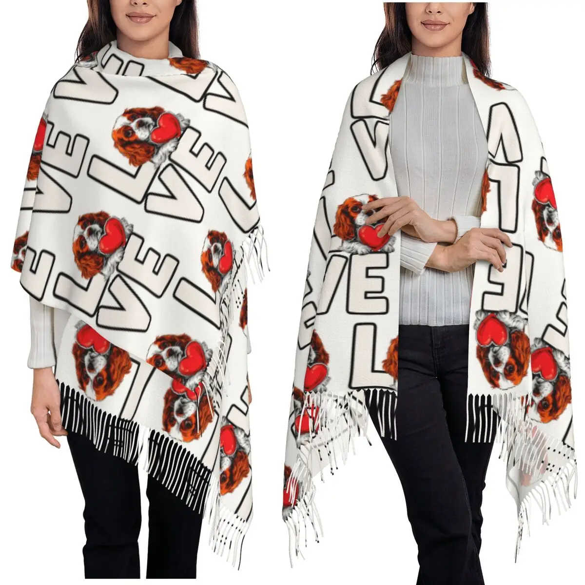 Cavalier King Charles Spaniel Dog Love Scarf Tassel Scarves Women Soft Warm Shawls and Wraps Large Fall Winter Shawl Wrap