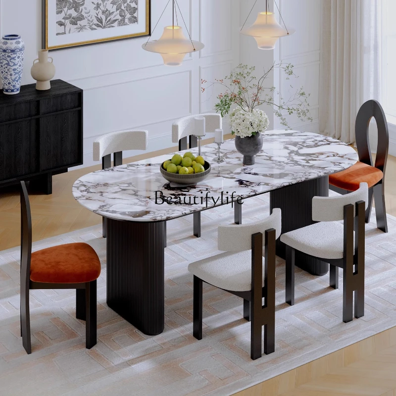 

French Retro Marble Oval Black Vintage Style High-End Dining Table