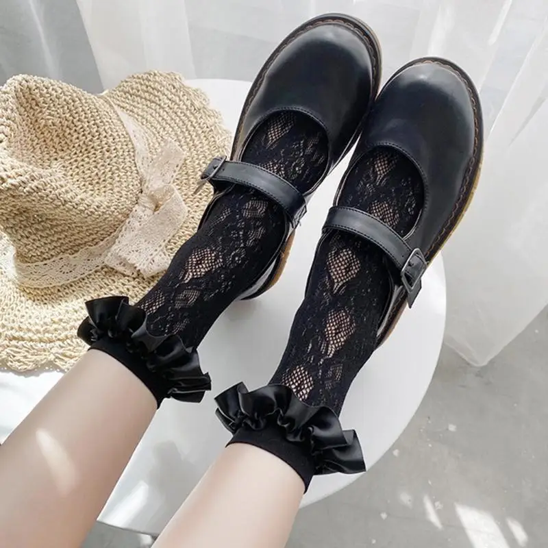 

195E, женские атласные носки до щиколотки с рюшами в японском стиле, Harajuku, Лолита, ажурные, с цветочным кружевом, принцесса,