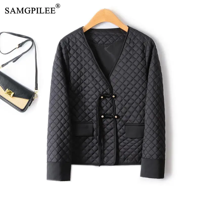 

2023 Autumn Winter Chinese Style Double Breasted Cardigan Quilted V Neck Short Statue Outer Cotton Lightweight Padded Jackets