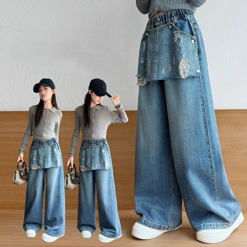 Girls Straight Leg Jeans Spring Autumn New Style Children Detachable Flounce Denim Pants Korean Version Kids Wide Leg Trousers