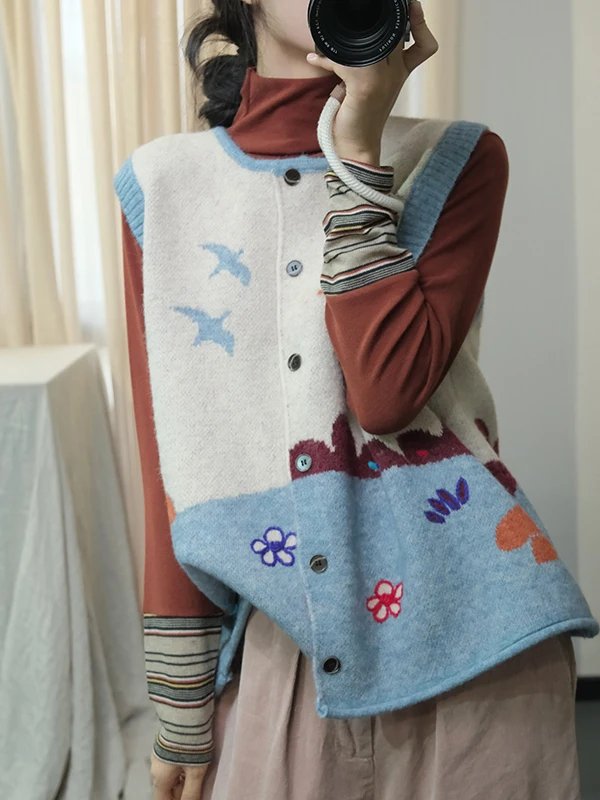 

Fre Sle Knitted Sweater Casual Loose Women's Faion Autumn Winter Printed Knit Vest Comfortable Nylon Material Commute Wear