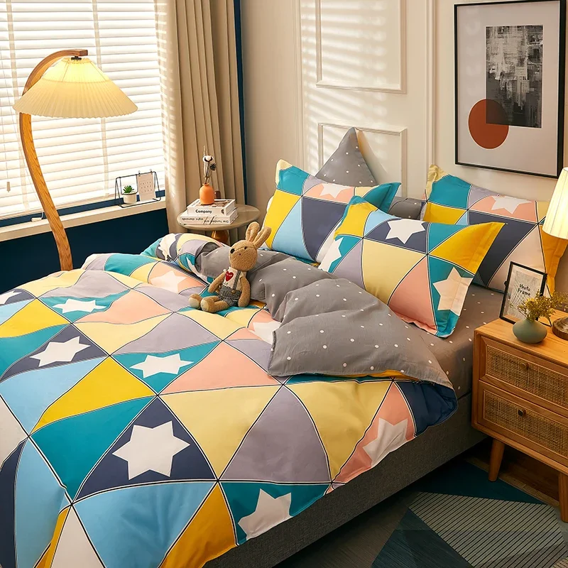 

100% Cotton Colorful Geometric Duvet Cover Set Cartoon Star Print Bedroom Decorative Bedding Skin-friendly Queen Comforter Cover