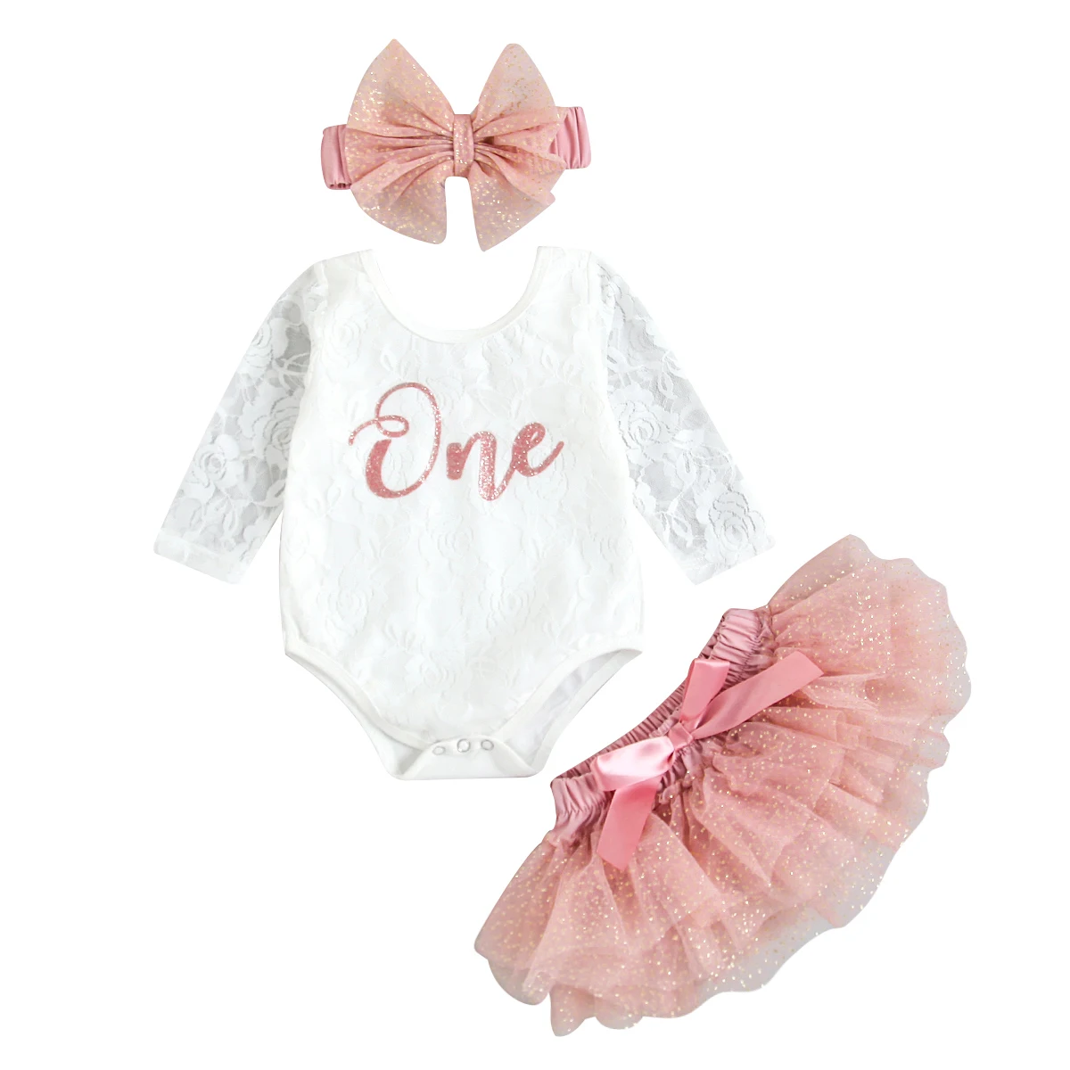 

Newborn Baby Girls My First Birthday Outfits Cute Clothes Long Sleeve Floral Lace Romper + Tutu Skirt + Headband Set