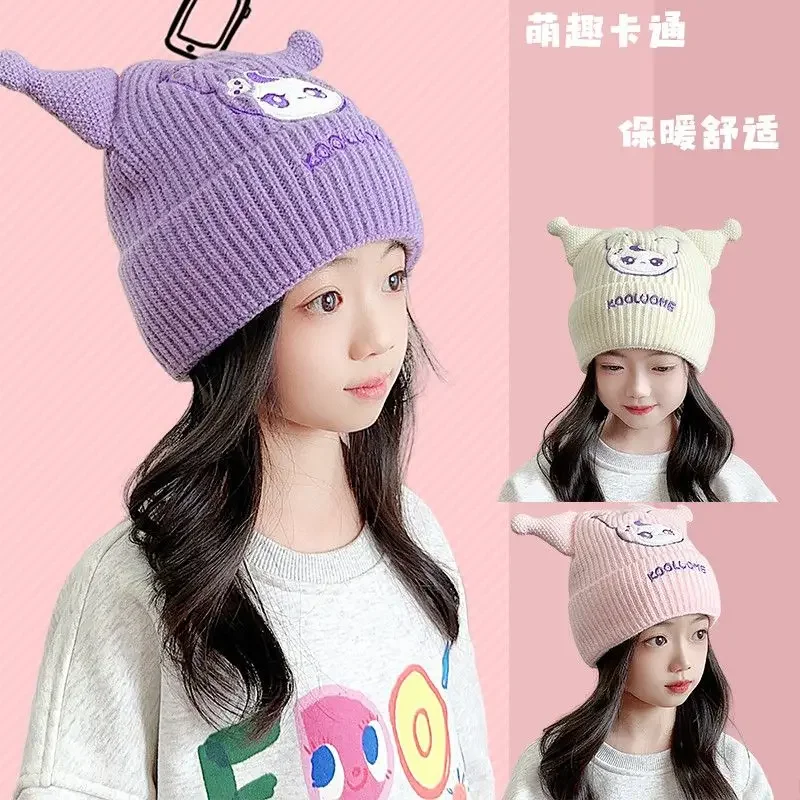 Sanrio Kuromi Children Hat Anime Kawaii Knitted Hats Y2K Cartoon Autumn Winter Warm Ear Protection Beanie Caps Christmas Gift