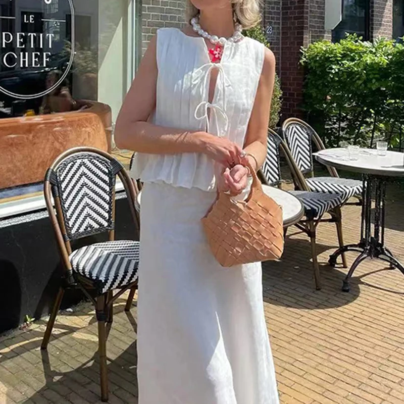 BKLD Urlaub Street Style Damen Baumwolle Leinen Zweiteilige passende Sets Atmungsaktive Komfort Schnürung Ärmellose Tank Tops + Midiröcke