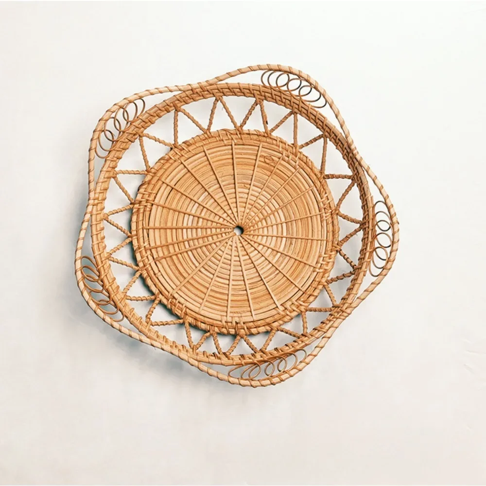 6Pcs Hanging Woven Plate Wall Decoration Boho Straw Rattan Round Basket Decorations Tassels Flower Tray Art for Home Bedroom