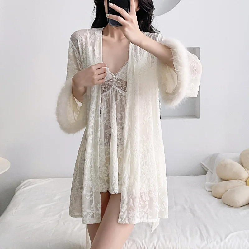 

Белое велюровое свадебное длинное платье-халат невесты, сексуальная ажурная кружевная ночная рубашка, халат, кимоно, свободная одежда для сна