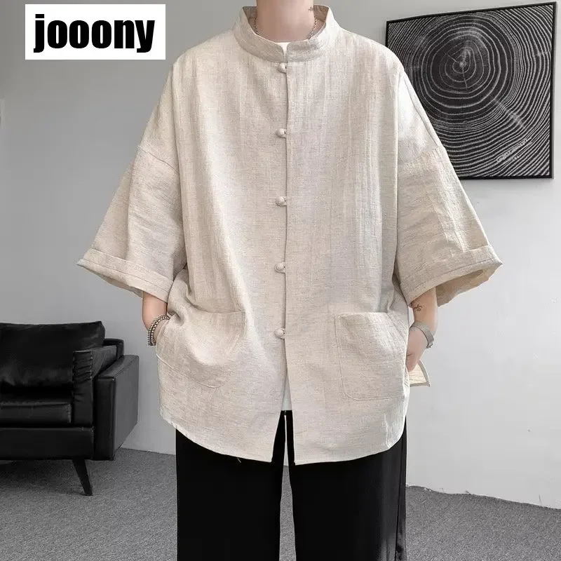 

Однотонная блузка с длинными рукавами и двойным карманом в стиле отдыха, лето 2024, мужские хлопковые льняные рубашки с пряжкой в китайском стиле