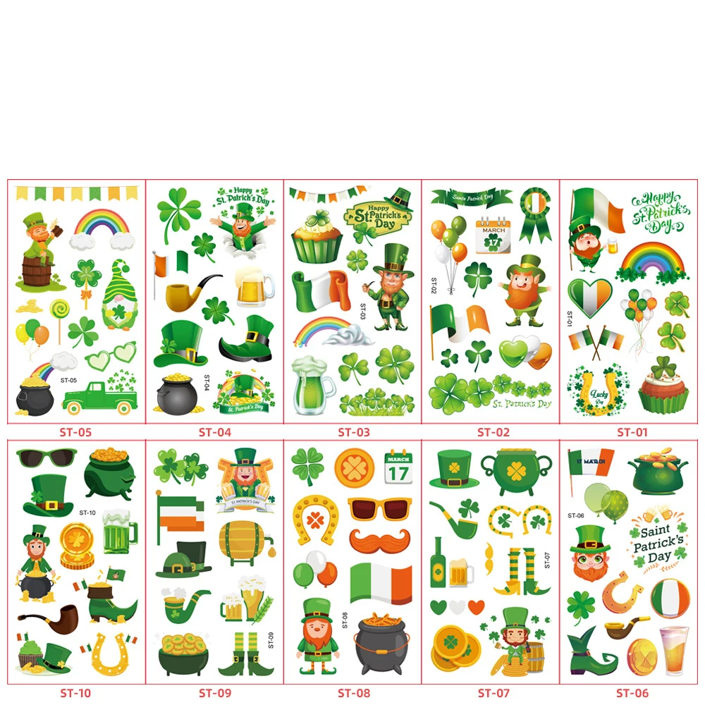 10 Sheets Irish St Patrick’s Day Party Tattoo Shamrock Coin Waterproof Face Body Stickers Toy for Kids Birthday Party Favors