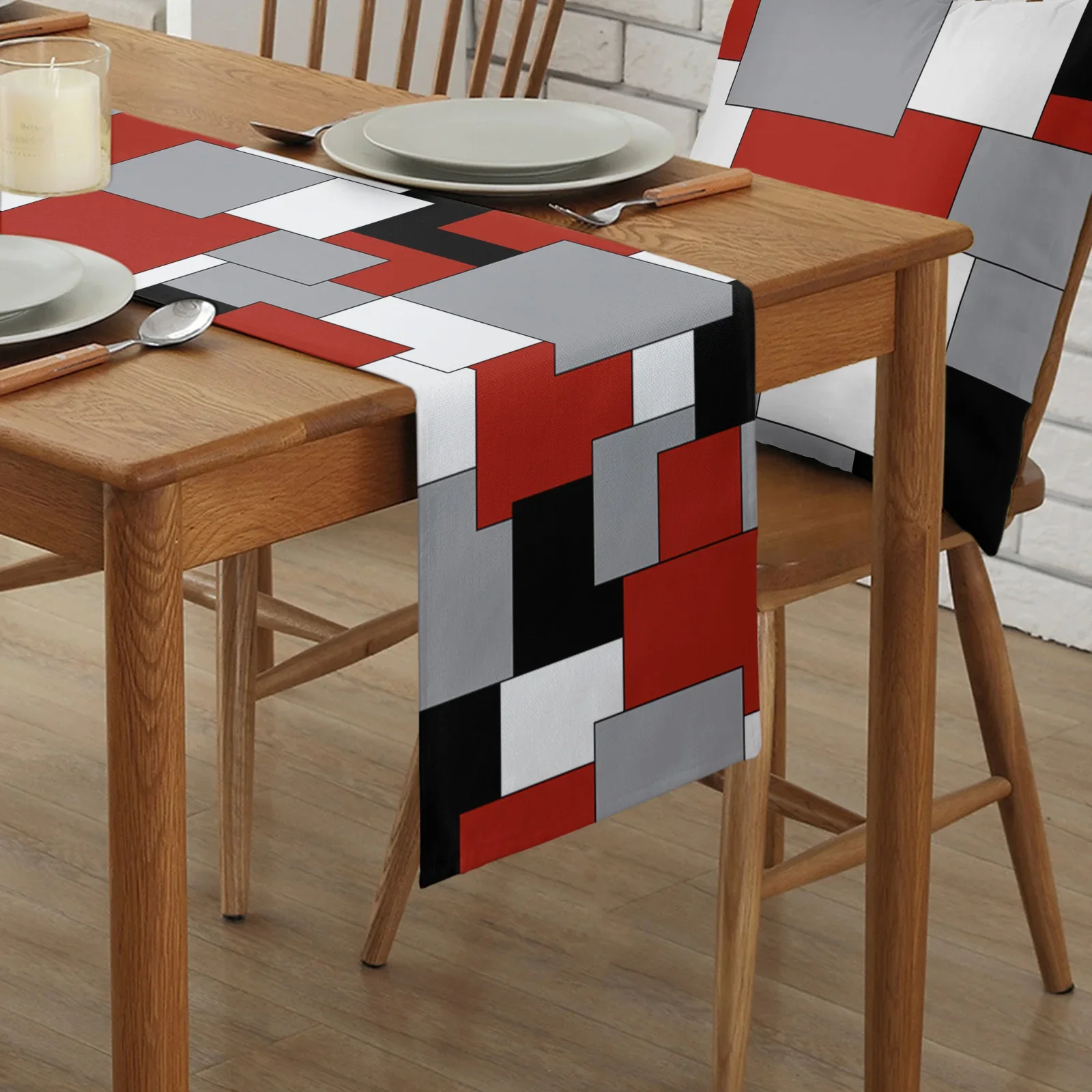 Red Black Grey Patchwork Abstract Art Medieval Style Linen Table Runners Kitchen Dining Table Decoration Wedding Party Supplies