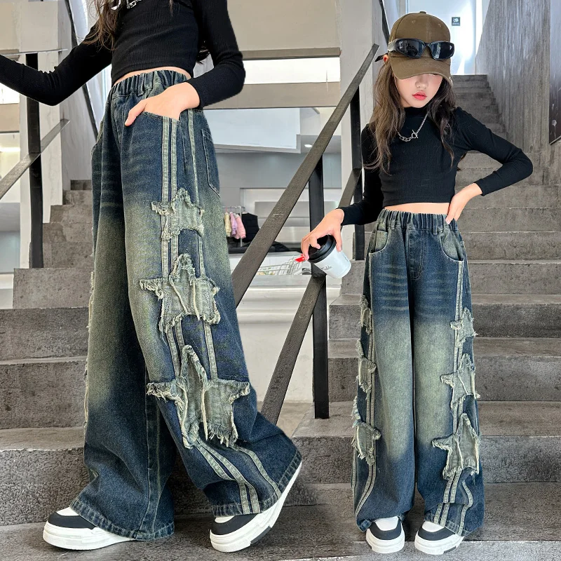 

Hot Sale Kids Luxury Baggy Jeans with Side Stripe for Tween Girl Stylish Street Hip Hop Denim Pants Teens Child Star Trousers