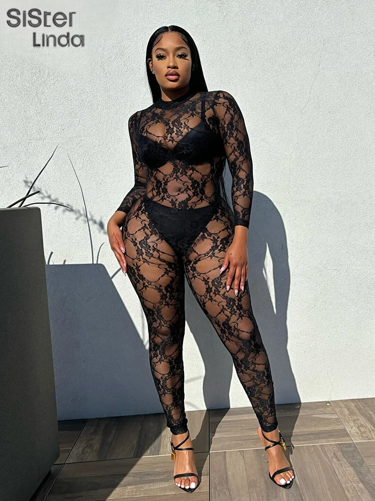 

klalien Sexy Mesh Zip Jumpsuits Women Long Sleeve O-Neck Skinny Elastic Workout Overalls Female Midnight Party Clubwear 2025
