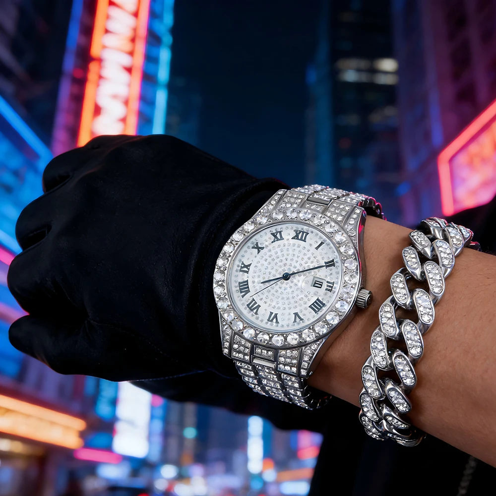 1 Hip-hop Full Diamond Silver Quartz Watch, Exquisite Luxury Shiny Wristwatch, Gift for Men and Women, Daily Wear Accessory