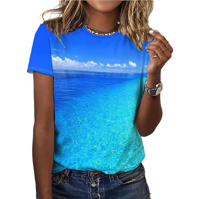 

Ocean Print T-shirt Casual Crew Neck Short Sleeve T Shirts Top For Spring & Summer Women's Clothing