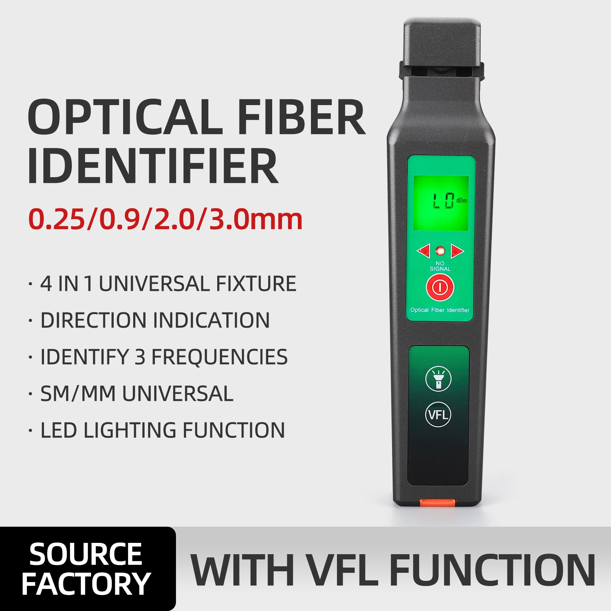 

Single Multimode Four In One Fixture Fiber Optic Signal Direction Recognition Power Detector Visual Fault Locator 10MW