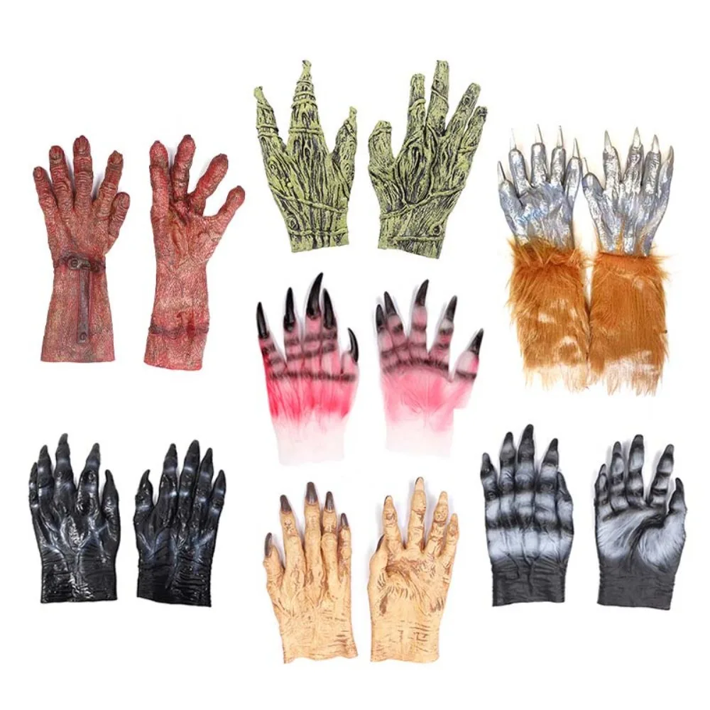 Prank Vinyl Halloween Cosplay Gloves Waterproof Terrifying Werewolf Simulated Gloves Bloody Plush Makeup Party Props Festival