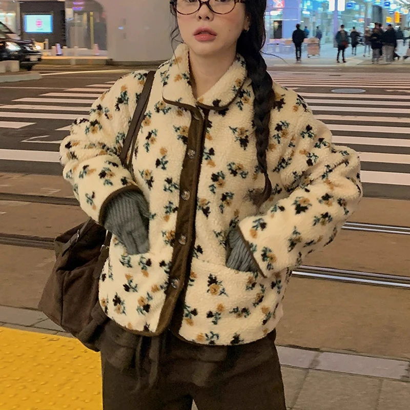 معطف نسائي من صوف امبسوول جاكار بلون متباين معطف شتوي دافئ كاجوال فضفاض مع جيب بطول قصير