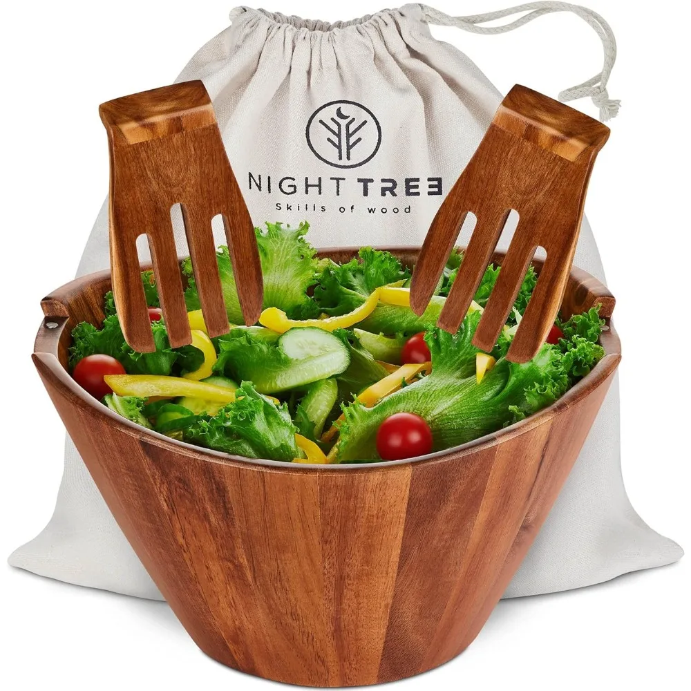 

Large Acacia Wood Salad Bowl Set with Magnetic Servers, Ideal for Family Meals or Gifts