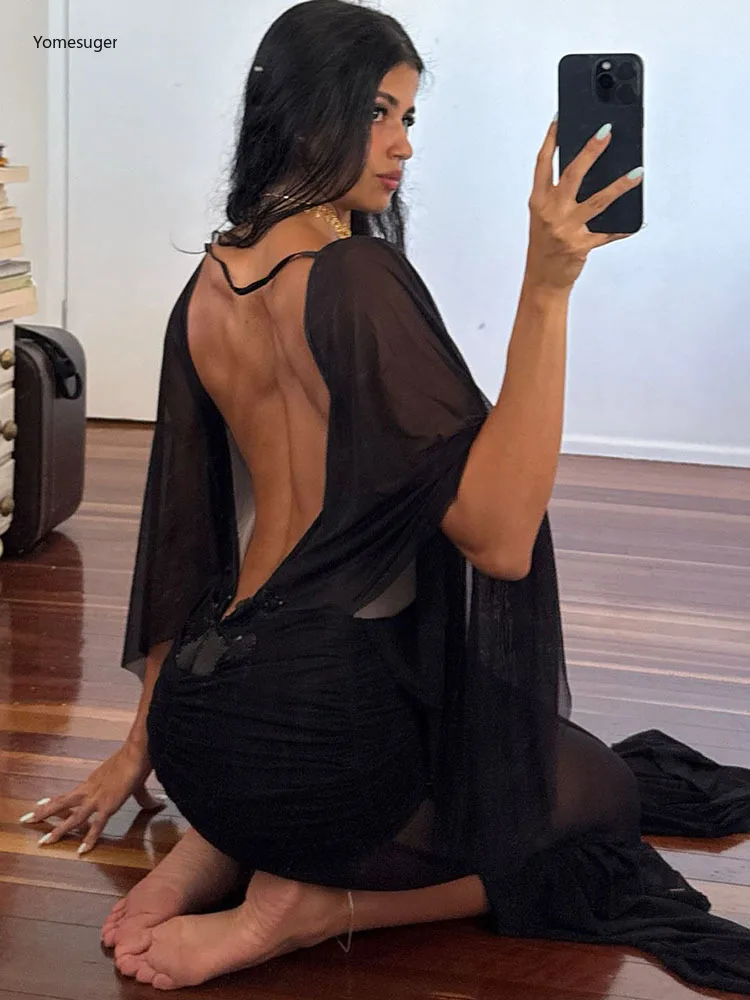 Yomesugar sexy sem costas borboleta vestido preto feminino dupla camada de malha retalhos manga cheia magro longo vestido de noite clubwear