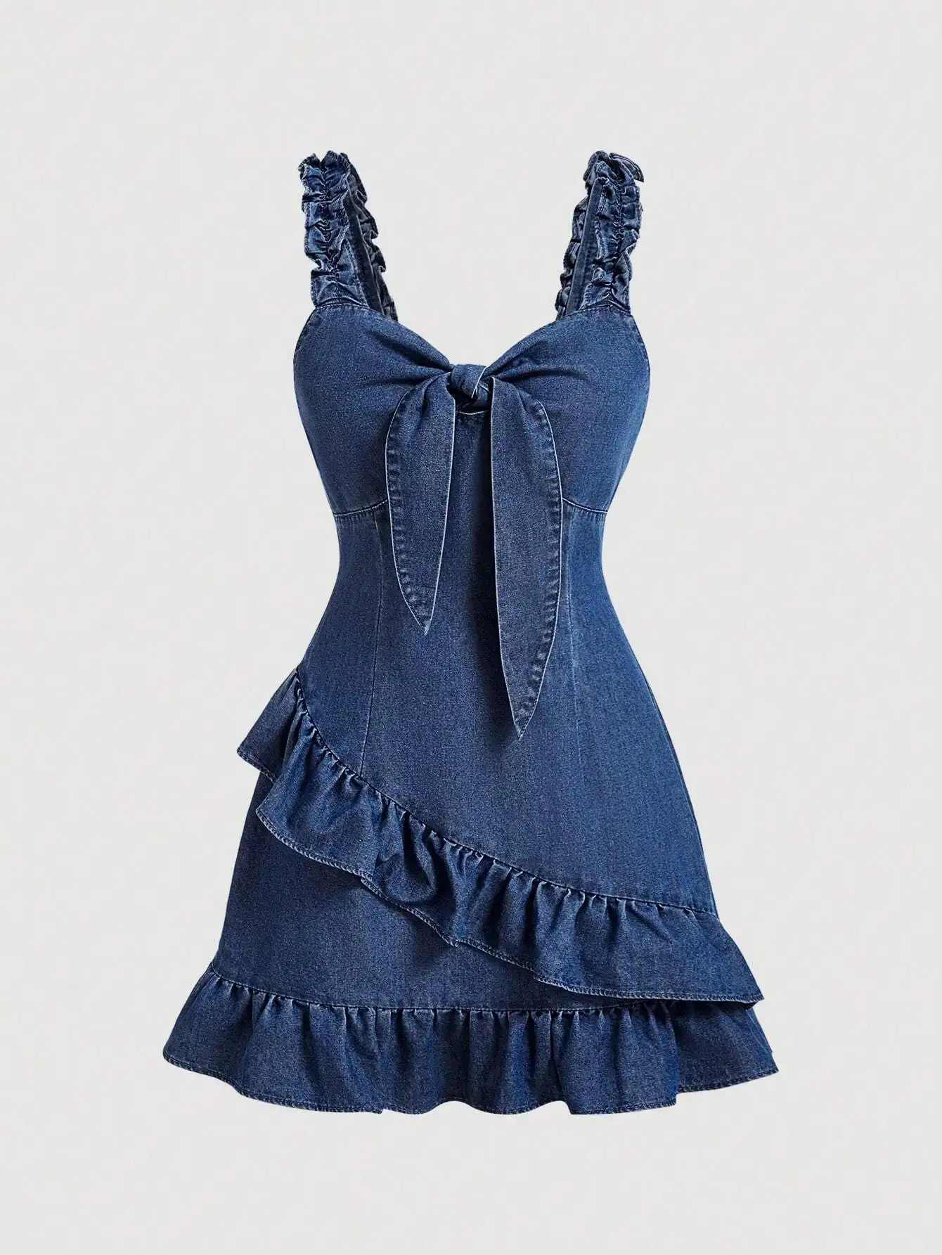 

Denim Cami Dress With Ruffled Bow Tie And Asymmetrical Hem