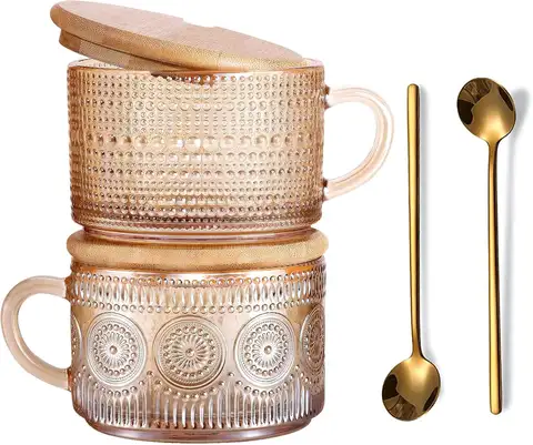 Set di 2 tazze da caffè vintage in vetro color ambra, tazze da tè in rilievo con coperchi e cucchiai in bambù, tazze da colazione in vetro da 14 Oz per Cappccin