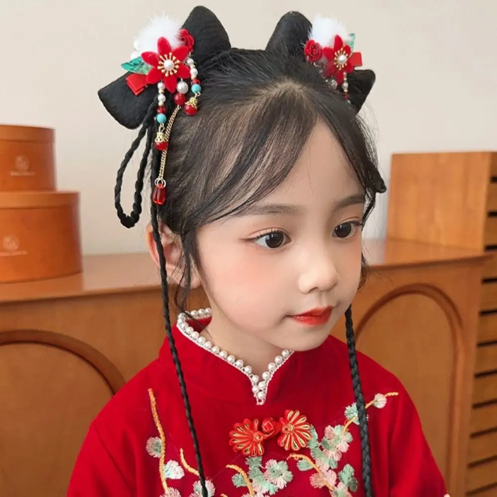 Tassel Children Red Hairpin Bow Plush Chinese New Year Headwear Baby Headwear Tang Suit Hair Clip Hanfu Hair Sticks Children